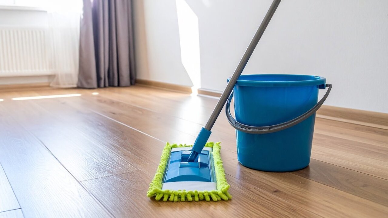 Czyste i lśniące drewniane podłogi dzięki domowej mieszance w wiadrze do mycia podłóg: odbijają światło tak samo jak pierwszego dnia po pierwszym czyszczeniu.